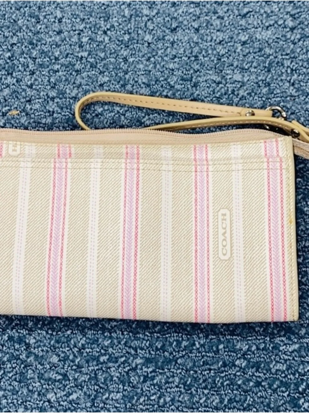 COACH Striped Beige and Pink Wristlet